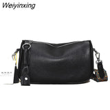 Weiyinxing Solid Genuine Leather Shoulder Crossbody Bag For Women Fashion Handbag Cow Leather Ladies Wide Fabric Strap Messenger Sac