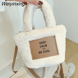 Weiyinxing Winter Solid Color Fluffy Fleece Messenger Bags for Women 2023 Retro Clasp Shoulder Crossbody Purse Flap Street Handbags