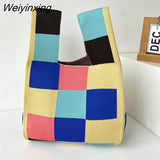 Weiyinxing Handmade Knit Handbag Women Japanese Wrist Knot Bag Wide Stripe Plaid Tote Bag Students Mini Reusable Shopping Bags