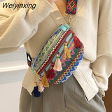 Weiyinxing Women Folk Style Waist Bags with Adjustable Strap Variegated Color Fanny Pack with Fringe Decor Pochete Feminina Riñonera Belt