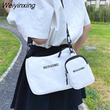 Weiyinxing Canvas Solid Color Letter Shoulder Bags with Mini Purse Pendant Women Bags Casual Small Crossbody Bags 2pcs Composite
