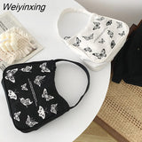 Weiyinxing Women Small Handbag Butterfly Print Canvas Tote Ladies' Fashion Underarm Bag Zipper Half Moon Bags Cotton Cloth Purse