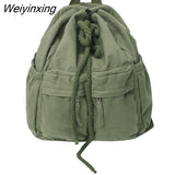 Weiyinxing Double Pocket Women Backpack Female High Quality Canvas Bucket Shoulder Bag Girls Vintage Drawstring Schoolbag Bookbag