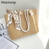 Weiyinxing and Large-capacity Straw Woven Bag Fashion Silk Scarf Women's Shoulder Bag Trendy Woven Zipper Handbags for Women 2023