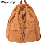 Weiyinxing Double Pocket Women Backpack Female High Quality Canvas Bucket Shoulder Bag Girls Vintage Drawstring Schoolbag Bookbag