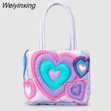 Weiyinxing Colorful Heart Padded Women Shoulder Bags Designer Quilted Lady Handbags Nylon Down Cotton Tote Bag Sweet Puffy Purses