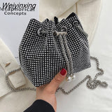 Weiyinxing Diamond Glitter Drawstring Handbags and Purses 2023 Luxury Designer Women's Mini Chain Bucket Shoulder Crossbody Bag