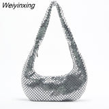 Weiyinxing Metal Mesh Women Shoulder Bags Designer Silver Lady Handbags Luxury Shinny Hobos Party Purses Small Underarm Tote Bag