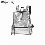 Weiyinxing Silver School Backpack For Girls PU Leather Daypack Rucksack Leisure Bright Travel Backpack For Women Mochila Brilhante