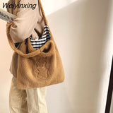 Weiyinxing Shoulder Bags For Women Simple Fashion Warm Fabric Large Capacity Shopping Bag Soft Canvas Tote Ladies Cute Bear Handbags