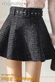 Weiyinxing Tweed Skirt Sashes High Waist Women Slim Mini Skirts Vintage Tutu Ball Gown Bright Silk Skirts Shorts Elegant Korean O264