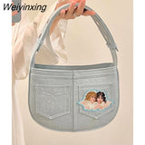 Weiyinxing American Angel Denim Women's Bag Shoulder Bag Baseball Messenger Bag Handbag Coin Purse Large Capacity Cute Side Bags