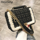 Weiyinxing Winter Fashion New Female Square Tote Bag Quality Woolen Pearl Women's Designer Handbag Ladies Chain Shoulder Crossbody Bag