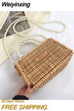 Weiyinxing Straw Bag For Women Small Woven Handmade Pearl Handbag Lady Tote Vacation Beach Bag Rattan Leisure Shoulder Bag Purse
