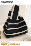 Weiyinxing Wide Striped Handmade Knitted Handbag Minimalist Korean Women Mini Knot Wrist Bag Tote Bag Student Reusable Shopping Bags