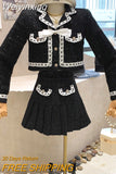 Weiyinxing Small Fragrance Tweed Two Piece Set Women Crop Top Bow Short Jacket Coat + Pleated Skirt Suits Vintage 2 Piece Sets