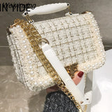 Weiyinxing Winter Fashion New Female Square Tote Bag Quality Woolen Pearl Women's Designer Handbag Ladies Chain Shoulder Crossbody Bag