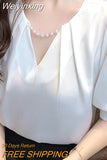 Weiyinxing Top Femme Short Sleeve Blouse Women Blusas Mujer De Moda 2023 Verano Beading V-Neck Chiffon White Blouse Shirt Tops E800