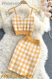 Weiyinxing Plaid Knitted Two Piece Set 2023 Women Sexy Short Vest & Bodycon Mini Skirt Set Women Outfits