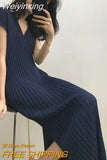 Weiyinxing Casual Knitted Long Dress Spring Summer Loose Sweater Dress Women V-Neck Striped Ribbed Dresses Holiday Beach Robe P629