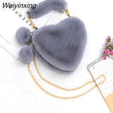 Weiyinxing Faux Fur Heart-shaped Women Small Handbags Fluffy Plush Ladies Chain Shoulder Bag Fashion Female Furry Daily Clutch Purse