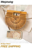Weiyinxing New Half Moon Wooden Shoulder Crossbody Bags for Women Bamboo Woven Summer Beach Straw Bag Rattan Small Phone Purse