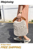 Weiyinxing wooden handle rattan women handbags wicker woven hollow lady large tote casual summer beach straw bag travel big purses