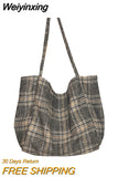 Weiyinxing Korean Fashion Handbag Simple Large Capacity Handbags Wool Totes Plaid Shoulder Bag Female Vintage Wild Bags