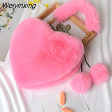 Weiyinxing Faux Fur Heart-shaped Women Small Handbags Fluffy Plush Ladies Chain Shoulder Bag Fashion Female Furry Daily Clutch Purse