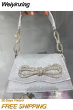 Weiyinxing Diamonds Bow Women Handbags Designer Satin Shoulder Crossbody Bags Luxury Shinny Evening Bag Elegant Party Small Purses