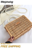 Weiyinxing Straw Bag For Women Small Woven Handmade Pearl Handbag Lady Tote Vacation Beach Bag Rattan Leisure Shoulder Bag Purse