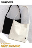 Weiyinxing and White Canvas Tote Bags for Women Designer Handbag Japan Shopper with Front Pocket Magnetic Closure Lady's Shoulder Bag