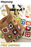 Weiyinxing Crochet Women Shoulder Bags Granny Square Tote Bag Casual Knitted Handbags Handmade Woven Summer Beach Bag Small Purse