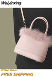 Weiyinxing Faux Fur Women's Plush Bucket Bag Sweet Ladies Portable Crossbody Bags Casual Daily Female Handbags Purse Shoulder Bags